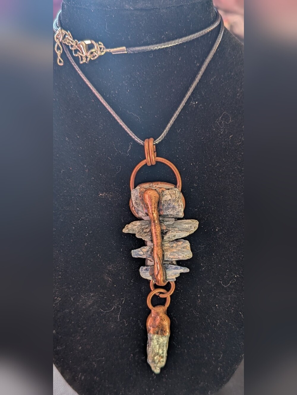 Artisanal Rustic Copper and Gray Stone Pendant Necklace